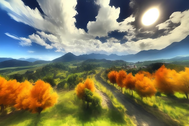 Landscape scene illustration digital painting with greenery mountains hills meadows blue skies