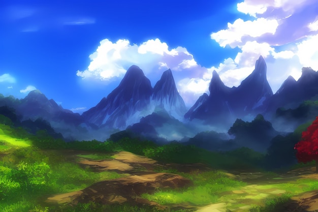 Landscape scene illustration digital painting with greenery mountains hills meadows blue skies