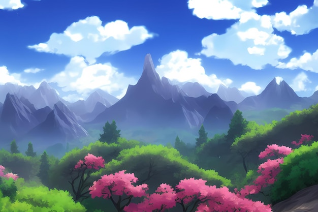 Landscape scene illustration digital painting with greenery mountains hills meadows blue skies