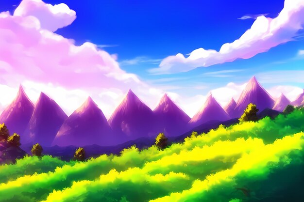 Landscape scene illustration digital painting with greenery mountains hills meadows blue skies