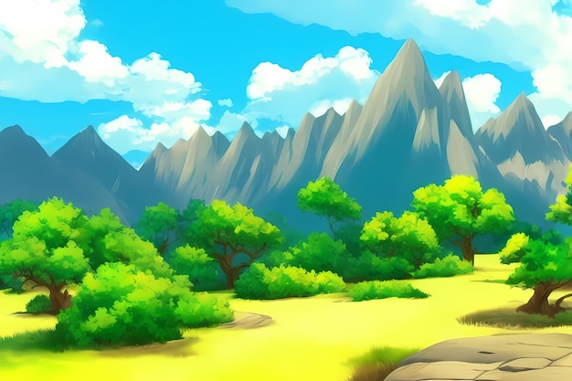 Landscape scene illustration digital painting with greenery mountains hills meadows blue skies