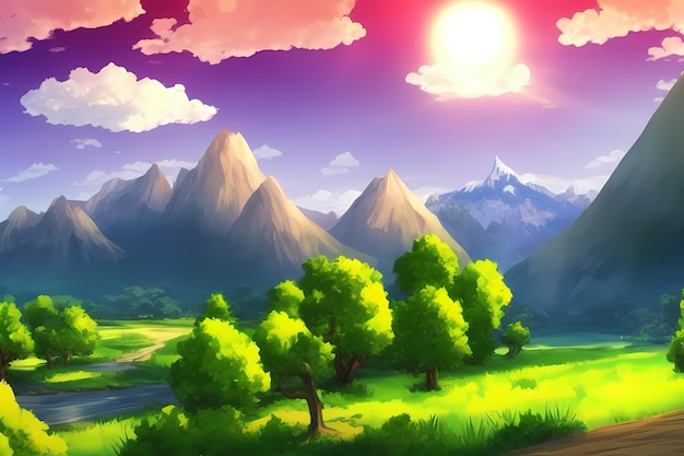 Landscape scene illustration digital painting with greenery mountains hills meadows blue skies