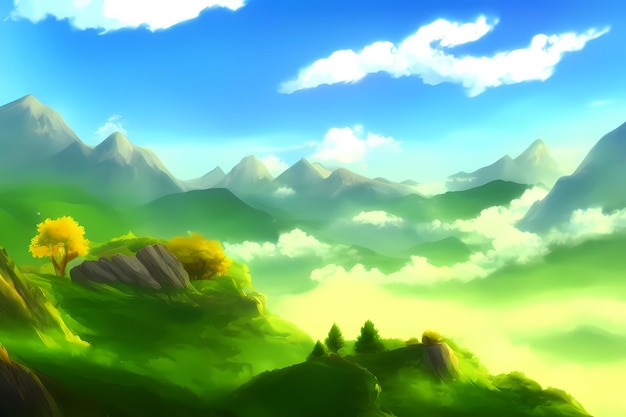 Landscape scene illustration digital painting with greenery mountains hills meadows blue skies