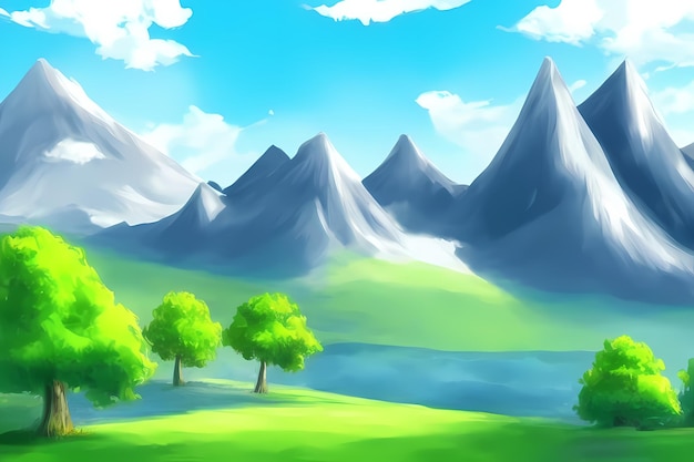 Landscape scene with beautiful greenery mountains meadows trees with blue skies and mountains