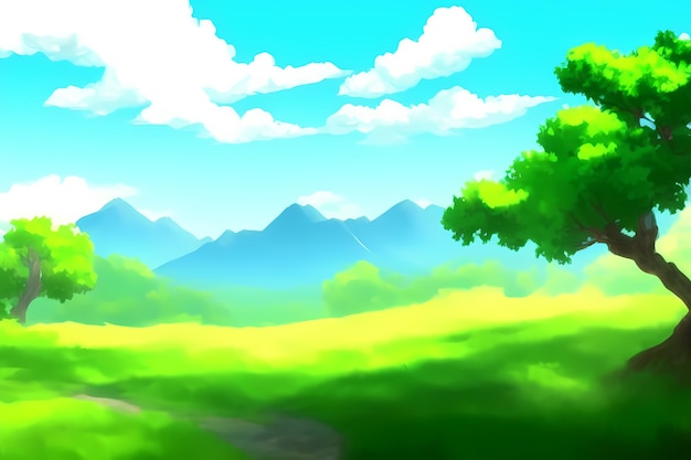 Landscape scene with beautiful greenery, mountains, meadows, trees, with blue skies and mountains an