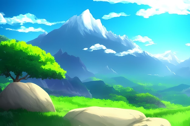 Landscape scene with beautiful greenery, mountains, meadows, trees, with blue skies and mountains an