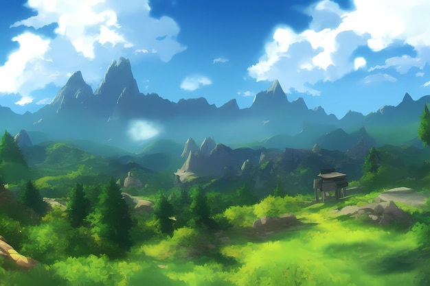 Landscape scene with beautiful greenery, mountains, meadows, trees, with blue skies and mountains an