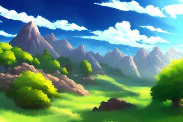 Landscape scene with beautiful greenery, mountains, meadows, trees, with blue skies and mountains an