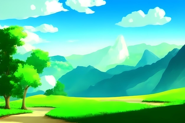 Landscape scene with beautiful greenery, mountains, meadows, trees, with blue skies and mountains an