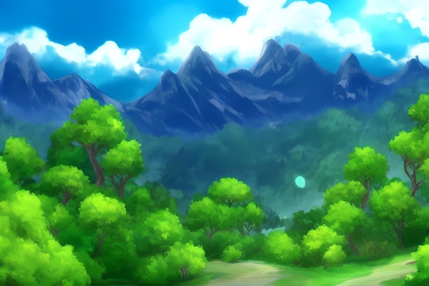 Landscape scene with beautiful greenery, mountains, meadows, trees, with blue skies and mountains an