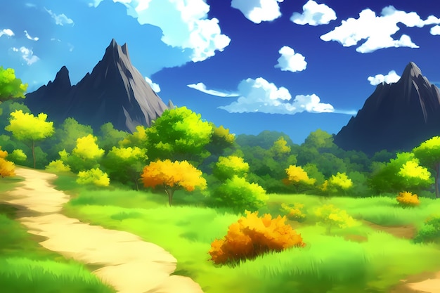 Landscape scene with beautiful greenery, mountains, meadows, trees, with blue skies and mountains an