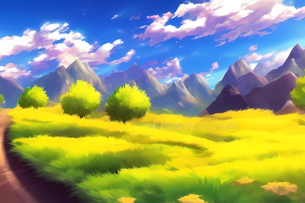 Landscape scene with beautiful greenery, mountains, meadows, trees, with blue skies and mountains an