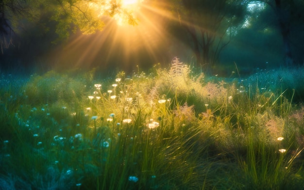 A landscape scene with the sun shining over the grass