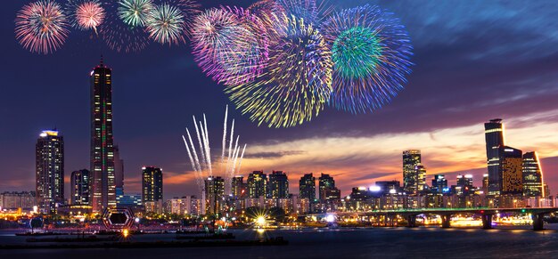 Landscape of Seoul City Skyline and fireworks