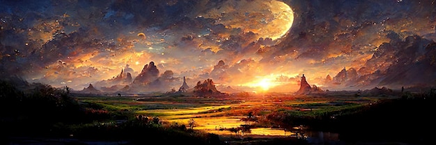 Landscape setting sun, sunset, nature, orange, light. Sunset landscape. Digital Illustration