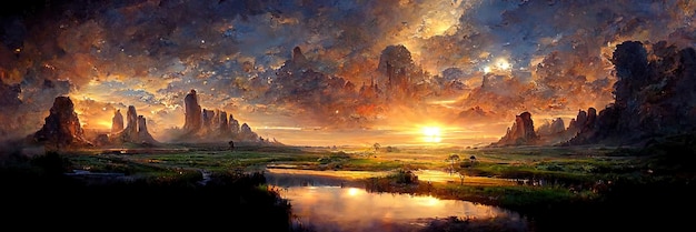 Landscape setting sun, sunset, nature, orange, light. Sunset landscape. Digital Illustration