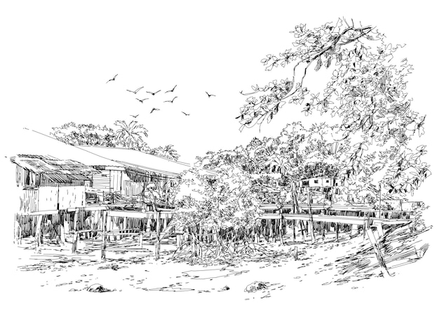 landscape sketch of fishing village in summer