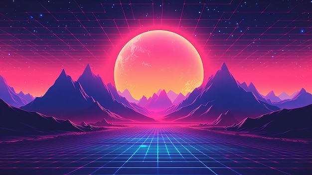 Landscape skyline with neon light grid sun and mountain generative AI