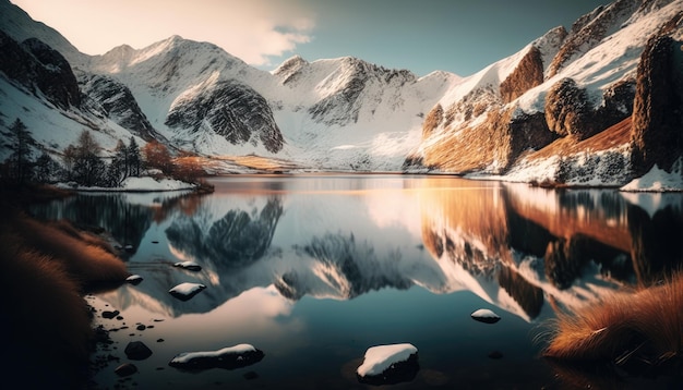 Landscape of snowcapped mountains reflected in a lake Created with Generative AI technology