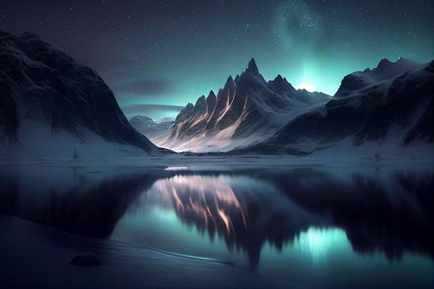 Landscape of snowy mountains with a frozen lake and northern lights in the sky