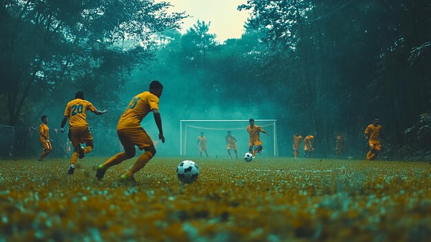 Photo landscape of a soccer player with a number on his jersey kicking a ball