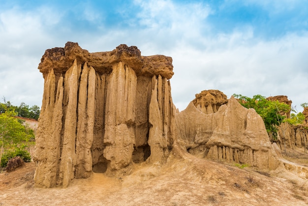 Landscape of soil textures eroded sandstone pillars, columns and cliffs