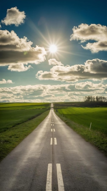 Landscape in spring with narrow road bright sun and green fields