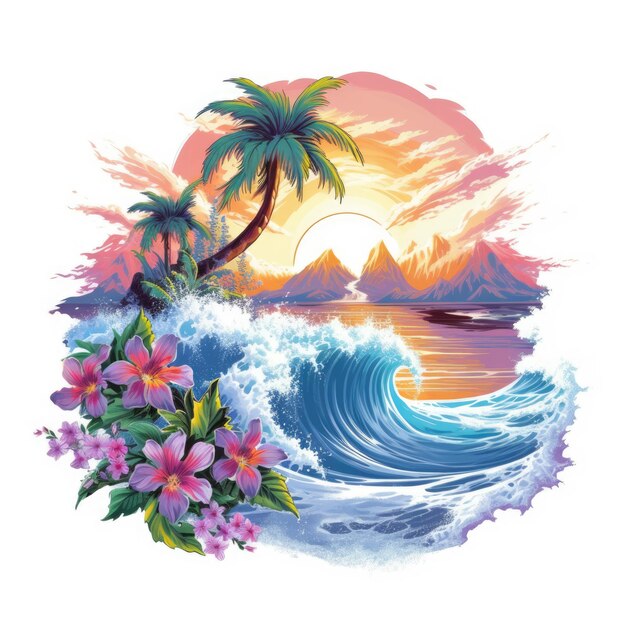 landscape summer tropical tshirt desing waves palm tree splash vector vibrant