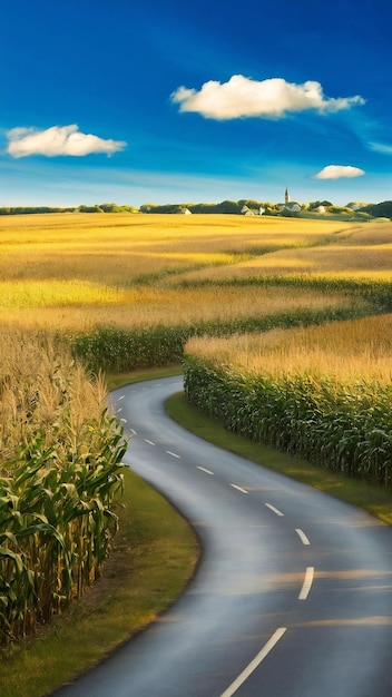 Landscape in summer with lonely road through golden cornfields