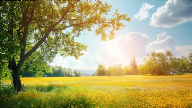 Landscape in summer with trees and meadows in bright sunshine