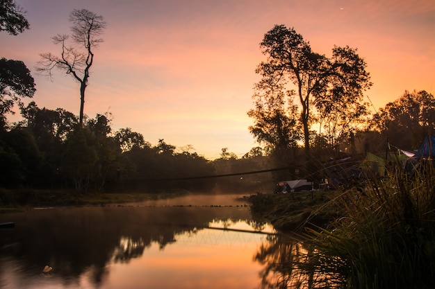 Landscape of Suspension bridge in the Morning time, At Khao Yai National Park, Thailand