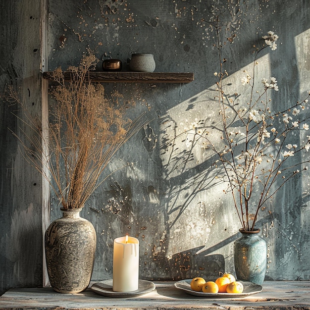 Photo landscape of a table with a vase of fruit and a plate of fruit