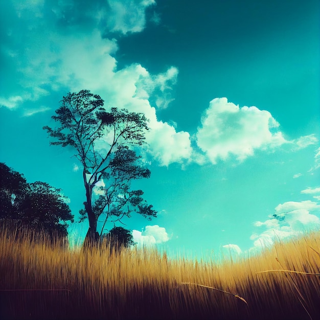 Landscape of a tall tree in a field against the sky Image from ground level