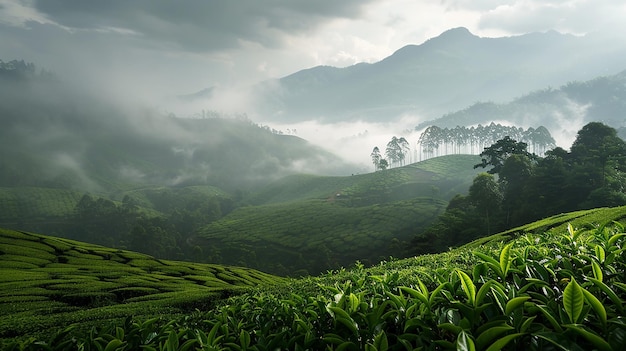 a landscape of tea plantations and a mountain in the background