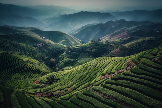 A landscape of tea plantations in vietnam