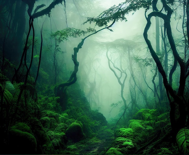 Landscape tropical green forest with fog 3d illustration Generative AI