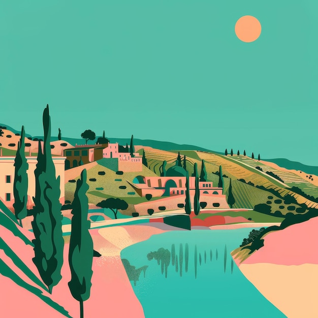 Photo landscape of tuscany italy digital painting vector illustration