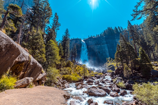 Landscape of Vernal Falls from the bottom one summer morning. California, United States