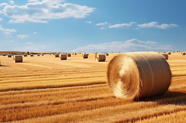 Landscape view of agricultural parcels of different crops Huge hay bales in the field