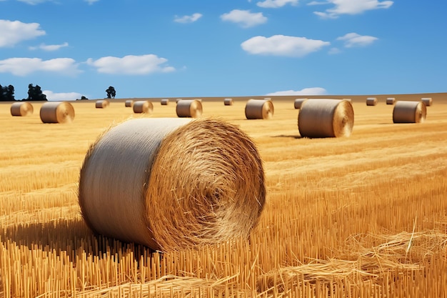 Landscape view of agricultural parcels of different crops Huge hay bales in the field