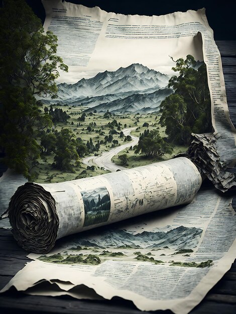 Landscape view on an antique newspaper roll generative AI