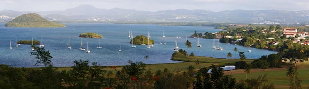 The landscape view over the beautiful Tois Ilets bay its gorgeous nature hills forest Caribbean sea French West Indies