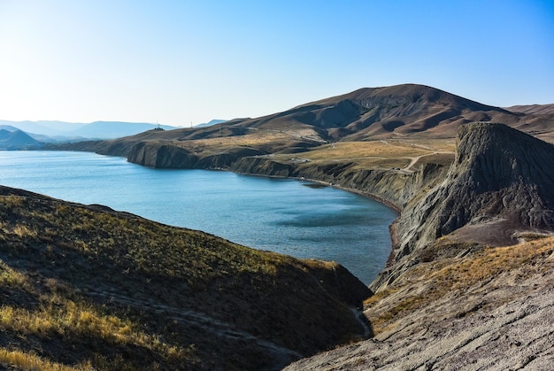 Landscape view of Black Sea coastline near Koktebel resort with Chameleon cape Crimea Russian Federation