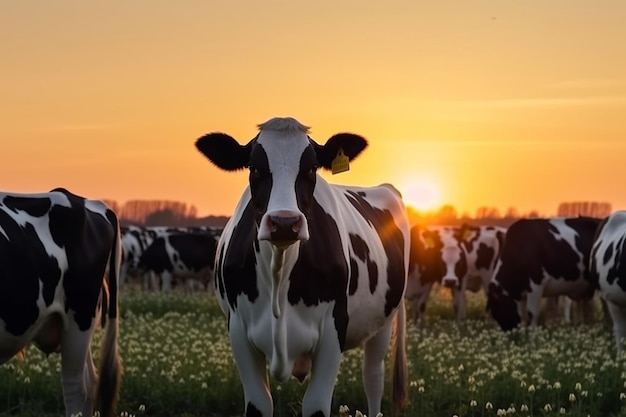 Landscape view of black and white colour cows watching the sunset on a green meadow against a tulips