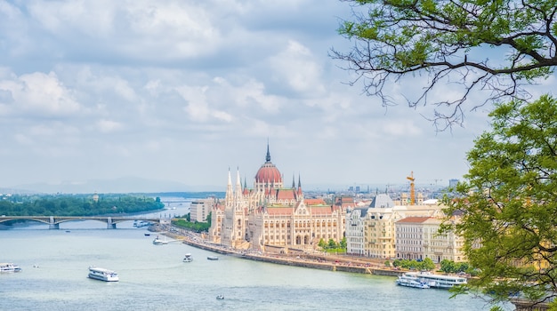 A landscape view of Budapest city, the Hungarian parliament building