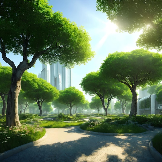 Landscape view of future city with eco green park generative art by AI