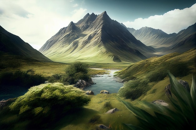 A Landscape View of Green Mountain Range with River