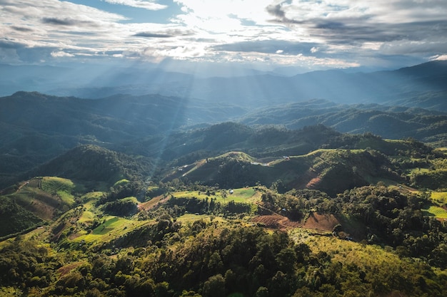 Landscape view on high green hill