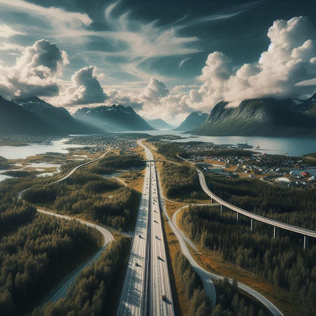 A landscape view of a highway road journey in Norway