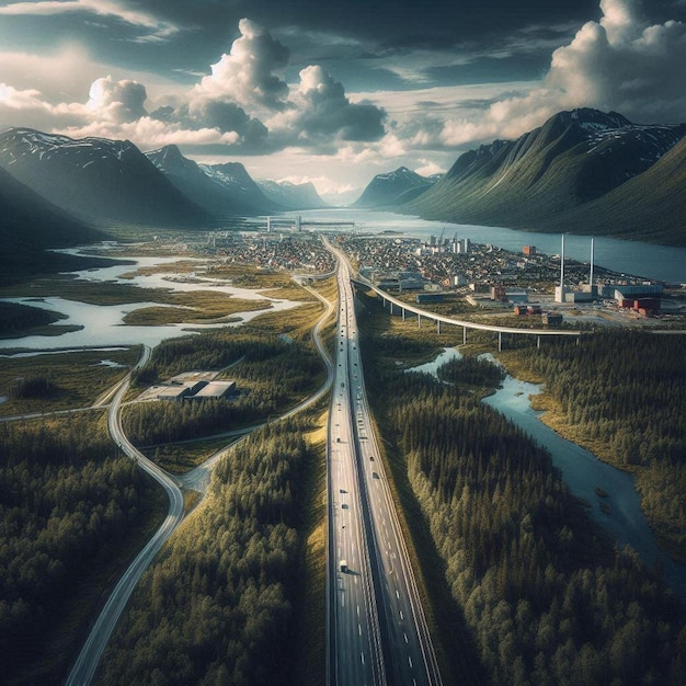 A landscape view of a highway road journey in Norway